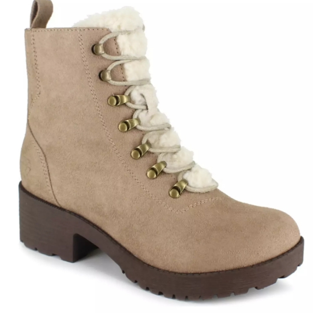 Rock & Candy faux shearling combat boots size 7.5M tan beaige Lug sole *